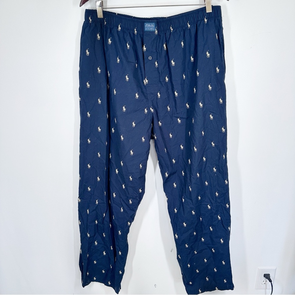 Polo Ralph Lauren Mens Sleep Pants XL 100% Cotton Allover Pony Pajama Navy Blue